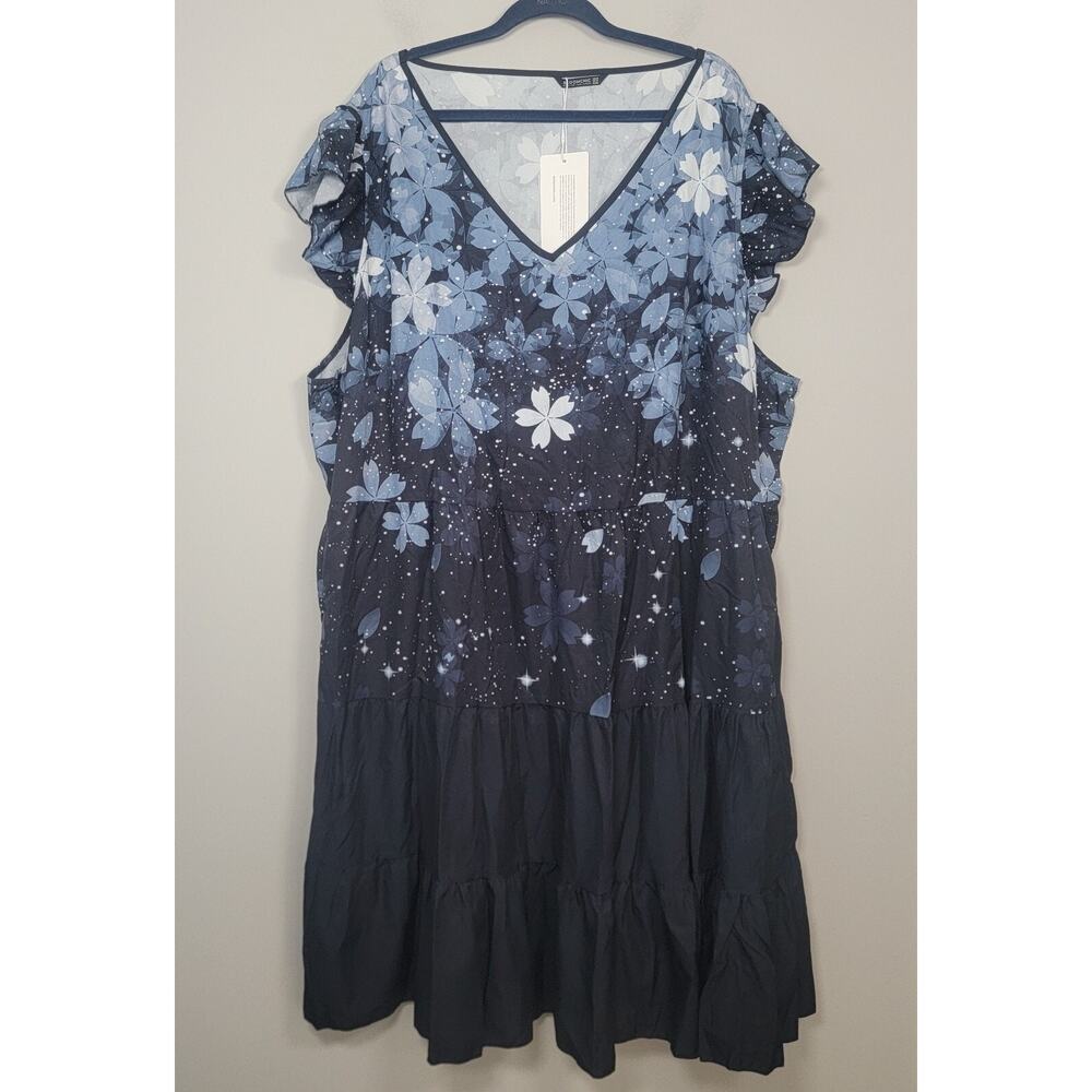 NWT Bloomchic Midi Dress Womens 20 Floral Ruffle Sleeve Fit Flare Blue